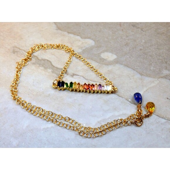 Rainbow Bar Baguette Necklace Gold Plated Citrine Kyanite PRIDE - Picture 3 of 6